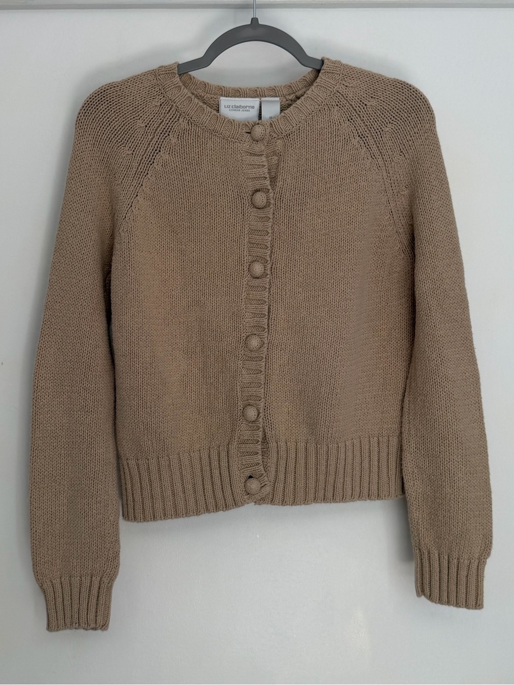 VTG Liz Claiborne 100% Cotton Neutral Beige Tan Button Front Knit Cardigan